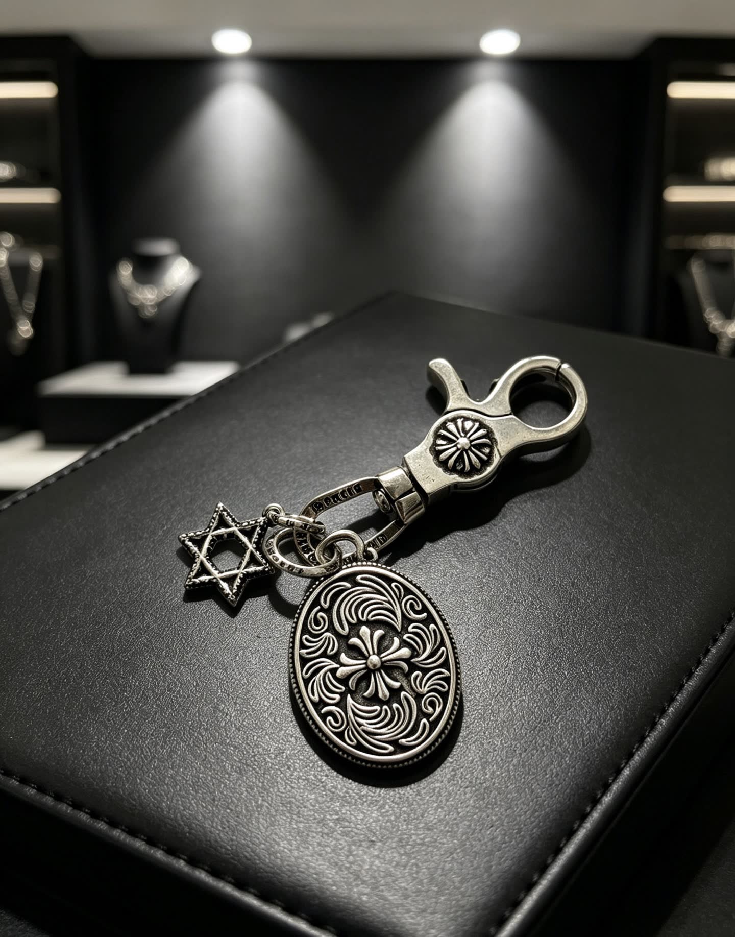 Chrome Hearts Silver Keychain with Star of David and Medallion